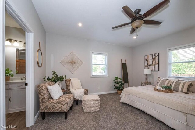 2692 Aspen Dr, Girard, OH 44420 - bedroom featuring multiple windows, carpet flooring, connected bathroom, recessed lighting, and ceiling fan