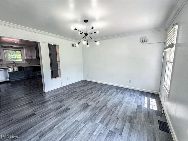 5123 Glenbrook Dr, Vienna, WV 26105 - unfurnished dining area featuring a chandelier, dark wood-style flooring, and crown molding