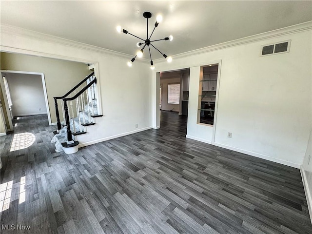 5123 Glenbrook Dr, Vienna, WV 26105 - unfurnished living room with a chandelier, dark wood-style flooring, ornamental molding, and stairs