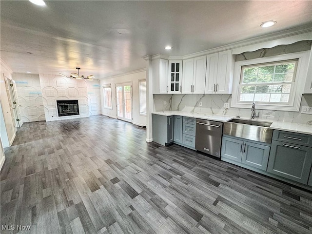 5123 Glenbrook Dr, Vienna, WV 26105 - kitchen featuring stainless steel dishwasher, gray cabinetry, recessed lighting, dark wood-style floors, and plenty of natural light