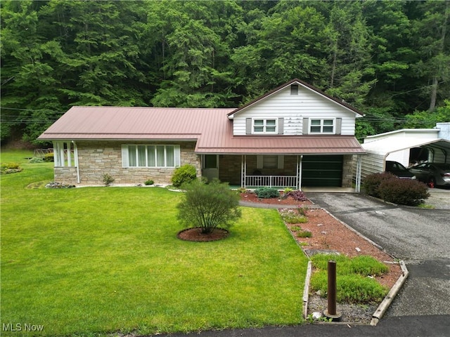 13088 Clay Hwy, Lizemores, WV 25125 - view of front of house with stone siding, a front yard, and a porch
