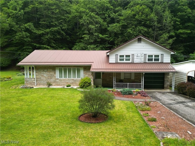 13088 Clay Hwy, Lizemores, WV 25125 - view of front facade with stone siding, a porch, a front yard, driveway, and a metal roof