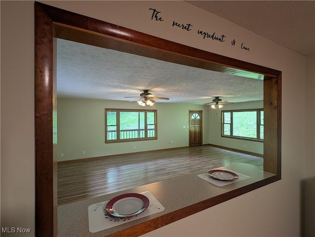 963 Ivydale Rd, Clay, WV 25043 - unfurnished living room featuring wood finished floors, a textured ceiling, and a ceiling fan