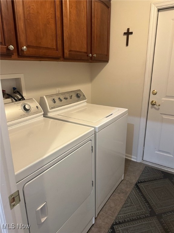 5-118 The Flds, Williamstown, WV 26187 - laundry room featuring washing machine and dryer, cabinet space, and dark tile patterned floors