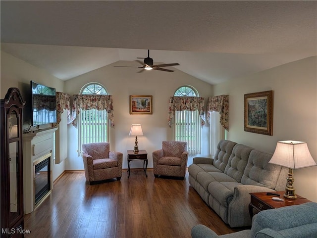 4220 Tannybrooke Ln NW Unit 13C, Canton, OH 44718 - living room featuring dark wood-type flooring, a ceiling fan, a glass covered fireplace, plenty of natural light, and lofted ceiling