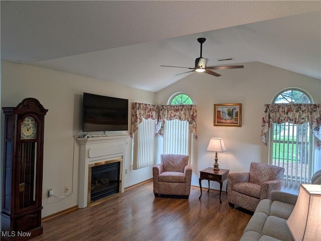 4220 Tannybrooke Ln NW Unit 13C, Canton, OH 44718 - living room featuring wood finished floors, ceiling fan, a glass covered fireplace, and lofted ceiling