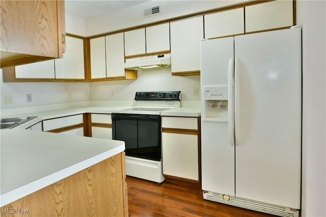 3406 Ivy Hill Cir Unit B, Cortland, OH 44410 - kitchen with white refrigerator with ice dispenser, under cabinet range hood, electric stove, dark wood-style flooring, and white cabinets