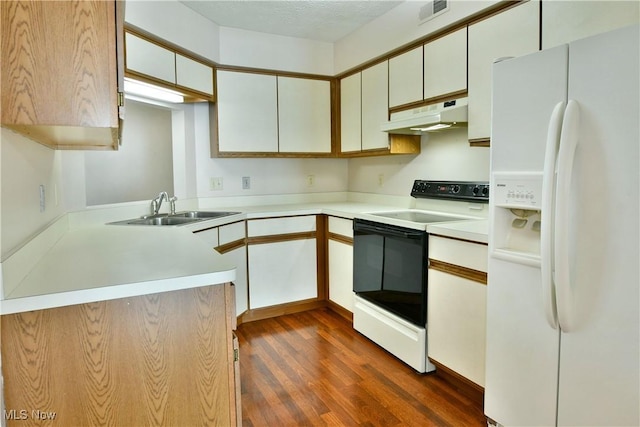 3406 Ivy Hill Cir Unit B, Cortland, OH 44410 - kitchen with white fridge with ice dispenser, electric stove, under cabinet range hood, dark wood-style floors, and light countertops
