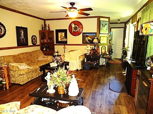 1389 Middle Fork Rd, Millstone, WV 25261 - living room with wood finished floors, ceiling fan, and ornamental molding