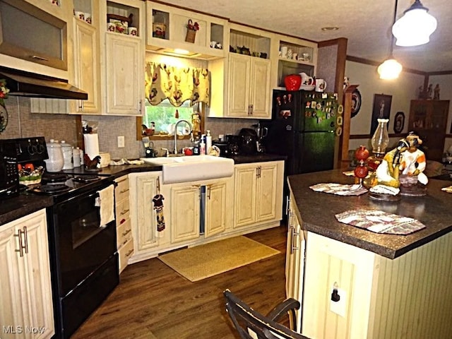 1389 Middle Fork Rd, Millstone, WV 25261 - kitchen featuring black appliances, dark countertops, open shelves, dark wood finished floors, and tasteful backsplash