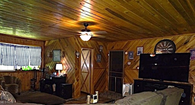 1389 Middle Fork Rd, Millstone, WV 25261 - living room with wood ceiling, wood walls, and ceiling fan