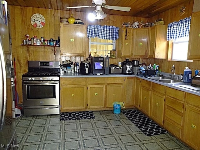 1389 Middle Fork Rd, Millstone, WV 25261 - kitchen with gas stove, wood ceiling, wooden walls, a ceiling fan, and healthy amount of natural light