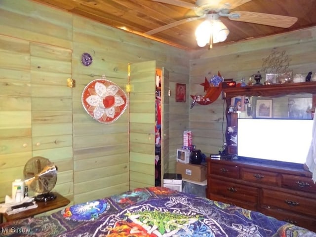 1389 Middle Fork Rd, Millstone, WV 25261 - bedroom with wood walls, wood ceiling, and ceiling fan