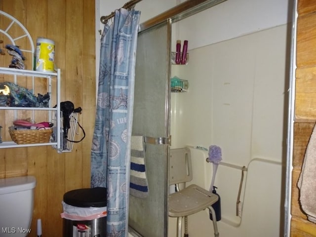 1389 Middle Fork Rd, Millstone, WV 25261 - full bath featuring a shower with shower curtain and wooden walls