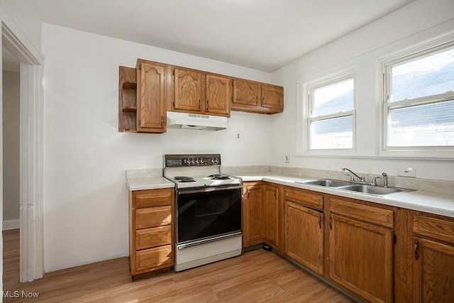 1258 Lily St, Akron, OH 44301 - kitchen featuring white electric range oven, under cabinet range hood, brown cabinets, light wood finished floors, and light countertops
