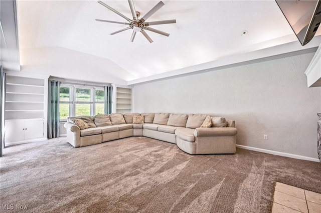 1130 Dairy Ln, East Liverpool, OH 43920 - carpeted living room featuring a ceiling fan, lofted ceiling, and built in features