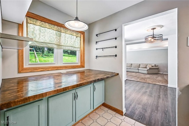 1130 Dairy Ln, East Liverpool, OH 43920 - kitchen with wood counters, hanging light fixtures, and open shelves