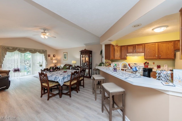 6655 Arbor Way Unit 8, Parma, OH 44134 - kitchen featuring lofted ceiling, under cabinet range hood, ceiling fan, open floor plan, and light wood-style floors