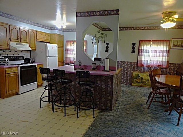 8710 Clay Rd, Left Hand, WV 25251 - kitchen with white appliances, under cabinet range hood, plenty of natural light, and ceiling fan