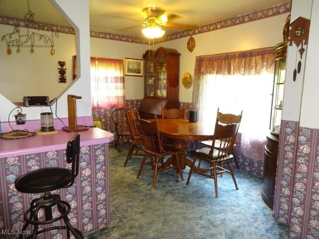 8710 Clay Rd, Left Hand, WV 25251 - carpeted dining space with plenty of natural light and ceiling fan
