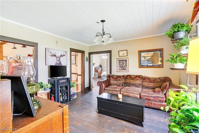 337 Youngstown Kingsville Rd SE, Vienna, OH 44473 - living room featuring a chandelier, wood-type flooring, crown molding, and wooden ceiling