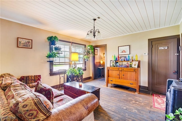 337 Youngstown Kingsville Rd SE, Vienna, OH 44473 - living area featuring wood-type flooring, wooden ceiling, ornamental molding, and a chandelier