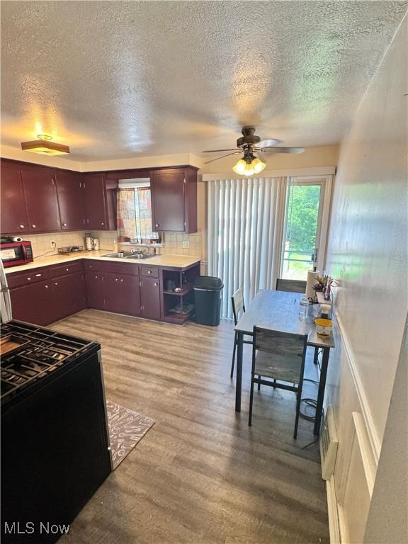 6033 E 135th St, Garfield Heights, OH 44125 - kitchen featuring black gas range oven, healthy amount of natural light, light wood finished floors, tasteful backsplash, and a textured ceiling