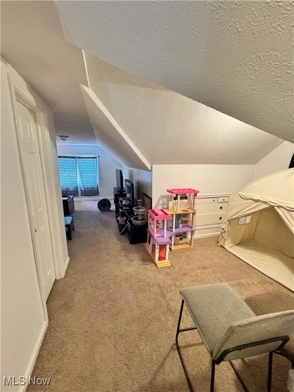 6033 E 135th St, Garfield Heights, OH 44125 - rec room featuring lofted ceiling, carpet flooring, and a textured ceiling