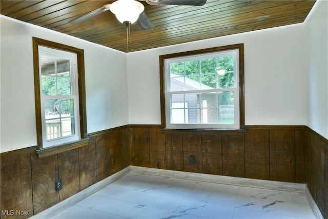 400 Spring St, Struthers, OH 44471 - unfurnished room featuring wainscoting, wooden ceiling, wood walls, and ceiling fan