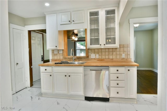 400 Spring St, Struthers, OH 44471 - kitchen featuring dishwasher, light marble finish floors, butcher block countertops, white cabinetry, and recessed lighting