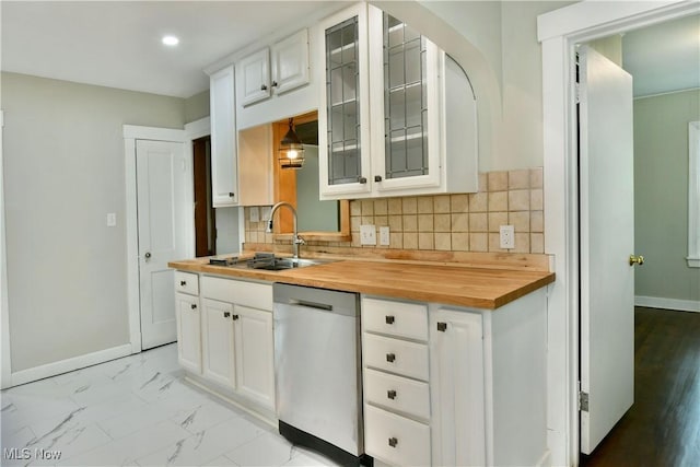 400 Spring St, Struthers, OH 44471 - kitchen featuring dishwasher, butcher block countertops, glass insert cabinets, white cabinetry, and recessed lighting