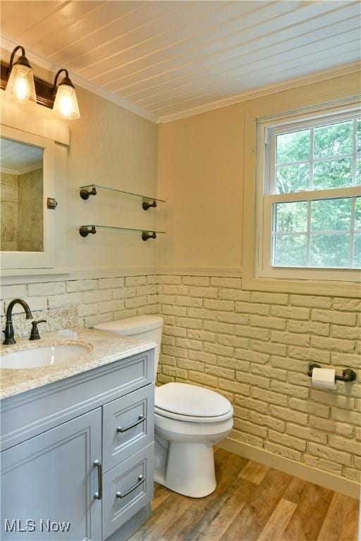 400 Spring St, Struthers, OH 44471 - bathroom featuring vanity, wood finished floors, ornamental molding, brick wall, and wooden ceiling