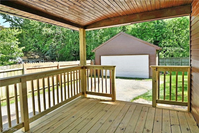 400 Spring St, Struthers, OH 44471 - wooden deck featuring a garage, an outdoor structure, and a fenced backyard