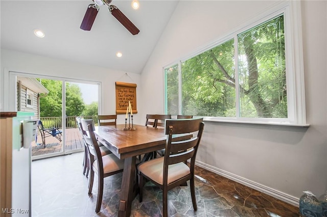 5251 Sugar Grove Rd, Cambridge, OH 43725 - dining area featuring ceiling fan, recessed lighting, and lofted ceiling