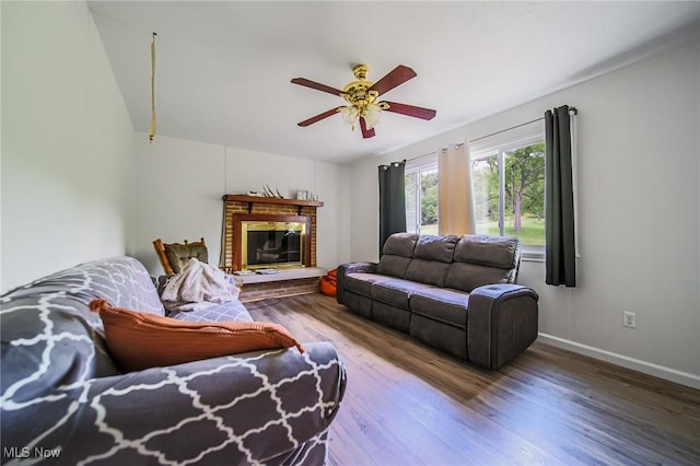 5251 Sugar Grove Rd, Cambridge, OH 43725 - living room with ceiling fan, wood finished floors, and a brick fireplace