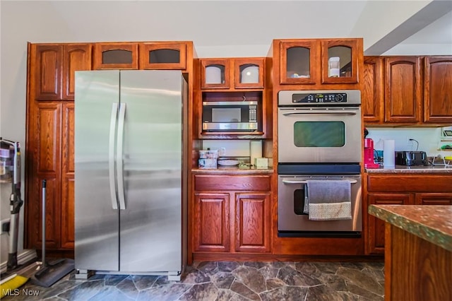 5251 Sugar Grove Rd, Cambridge, OH 43725 - kitchen featuring stainless steel appliances, glass insert cabinets, and dark stone counters