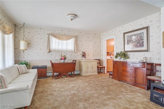 715 E Lincoln Way, Lisbon, OH 44432 - sitting room with wallpapered walls, light carpet, and a baseboard radiator