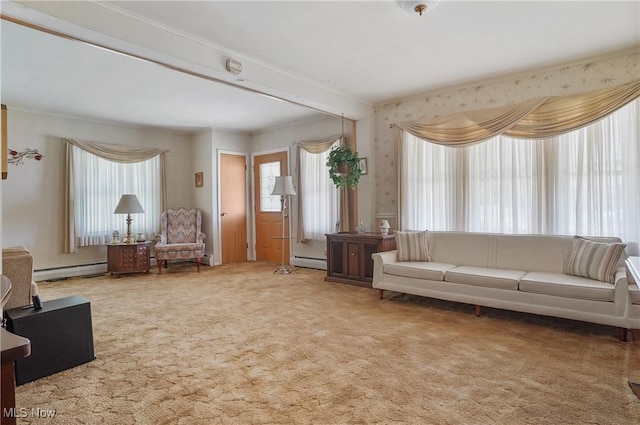 715 E Lincoln Way, Lisbon, OH 44432 - living room with baseboard heating, carpet, and ornamental molding