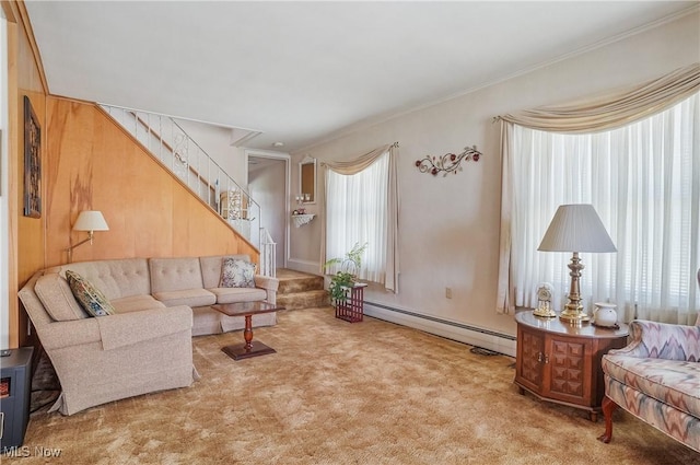 715 E Lincoln Way, Lisbon, OH 44432 - carpeted living area with a baseboard radiator, stairs, and crown molding