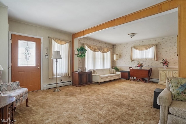 715 E Lincoln Way, Lisbon, OH 44432 - living room featuring a baseboard radiator, wallpapered walls, and carpet