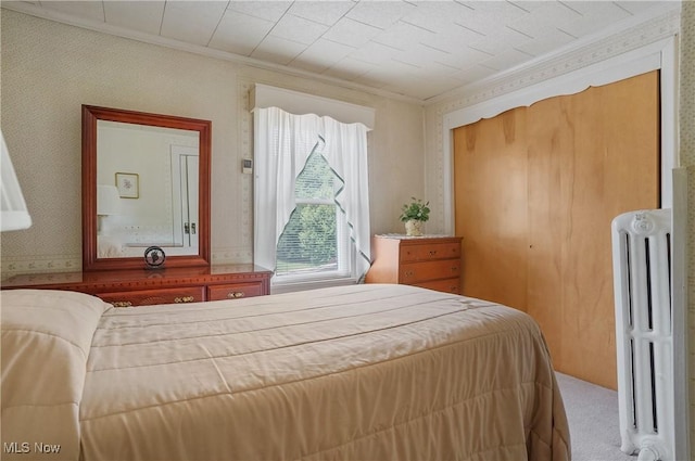 715 E Lincoln Way, Lisbon, OH 44432 - bedroom featuring radiator heating unit, crown molding, carpet flooring, wallpapered walls, and a closet