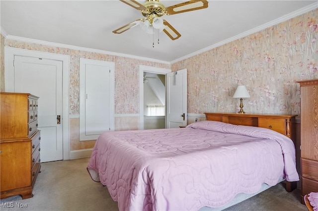 715 E Lincoln Way, Lisbon, OH 44432 - bedroom with wallpapered walls, light colored carpet, ornamental molding, a wainscoted wall, and ceiling fan