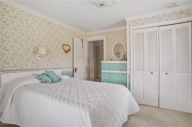 715 E Lincoln Way, Lisbon, OH 44432 - bedroom with wallpapered walls, crown molding, a closet, and light carpet