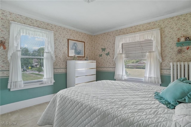 715 E Lincoln Way, Lisbon, OH 44432 - bedroom with wallpapered walls, ornamental molding, radiator heating unit, and carpet floors