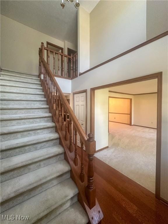 132 Beechwood Dr, Cortland, OH 44410 - stairs with carpet and a towering ceiling