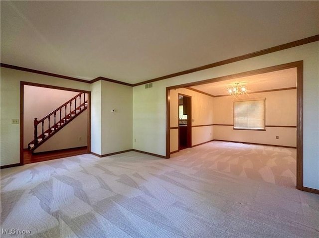 132 Beechwood Dr, Cortland, OH 44410 - empty room with light carpet, a chandelier, ornamental molding, and stairway