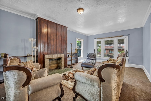 10602 Orville Ave, Cleveland, OH 44106 - living room featuring carpet flooring, crown molding, a brick fireplace, and a textured ceiling