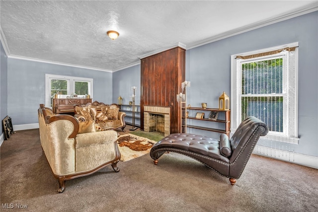 10602 Orville Ave, Cleveland, OH 44106 - carpeted living area featuring ornamental molding, a fireplace, and a textured ceiling