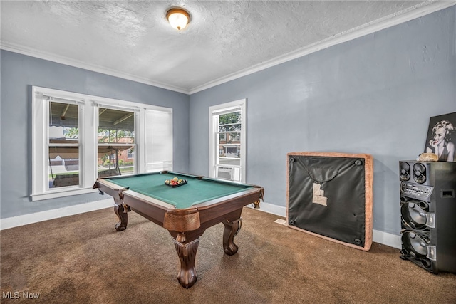 10602 Orville Ave, Cleveland, OH 44106 - rec room with carpet floors, a textured ceiling, billiards table, and ornamental molding