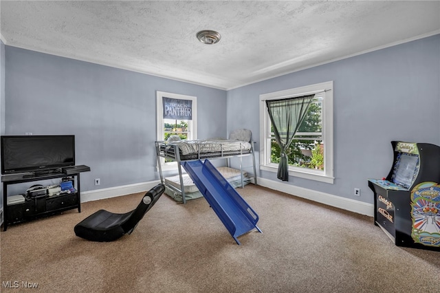 10602 Orville Ave, Cleveland, OH 44106 - carpeted bedroom with multiple windows, a textured ceiling, and ornamental molding